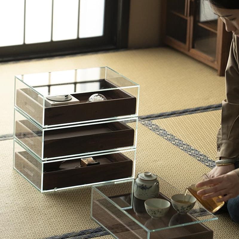 Black walnut wood solid wood tempered glass display cabinet for tea sets and teacups, dustproof storage and display, dental cabinet