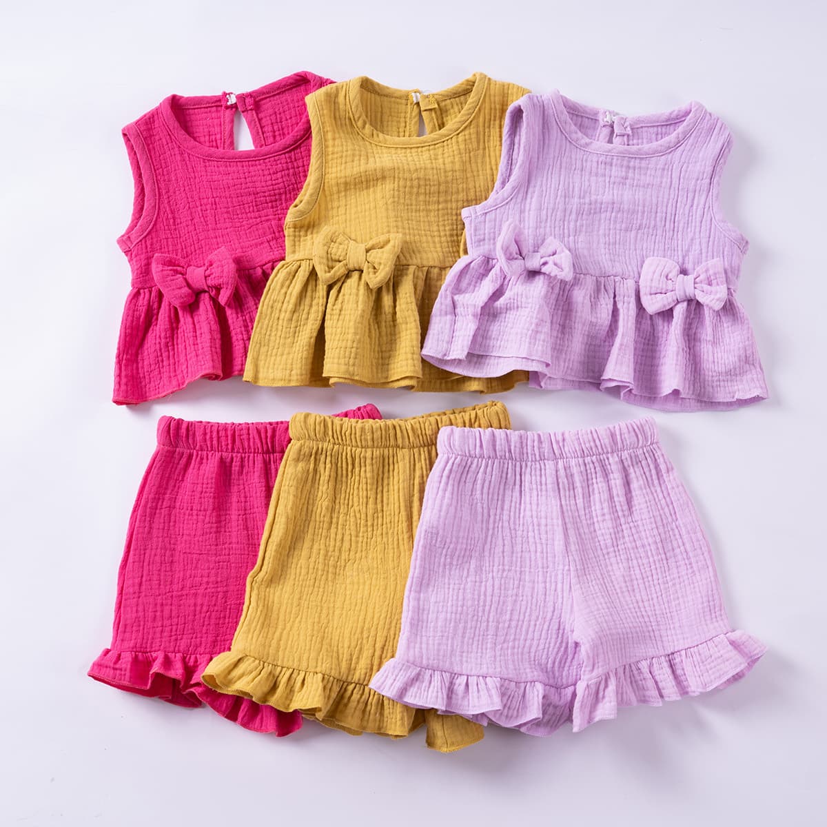Girls vest suit bow casual top + ruffle shorts fashionable pure cotton crepe for children