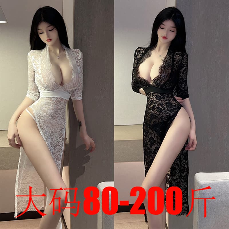Plus Size 200lbs Sexy Lingerie, Lace Nightgown, Sheer See-Through Slit Uniform Style