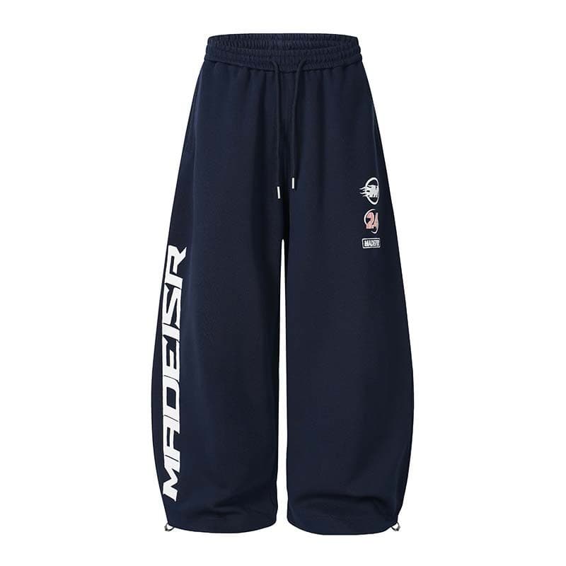 Trendy American Letter Print Elastic Waist Drawstring Sweatpants for Men, Loose Wide-Leg Sports Trousers