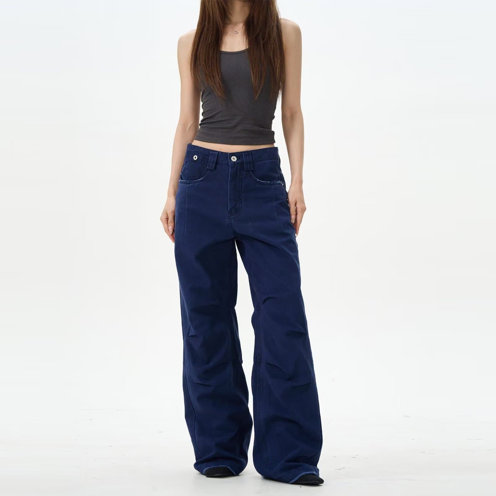 Denim Blue Straight Leg Jeans for Women, Spring Autumn New High-Waist Loose Plus Size Slimming Long Jeans, Trendy Drop Shipping