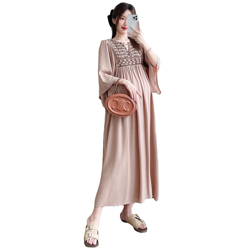 Plus Size Maternity Dress with Embroidery Ethnic Style Ruffled Sleeve Knee-Length Long Dress Vacation Style