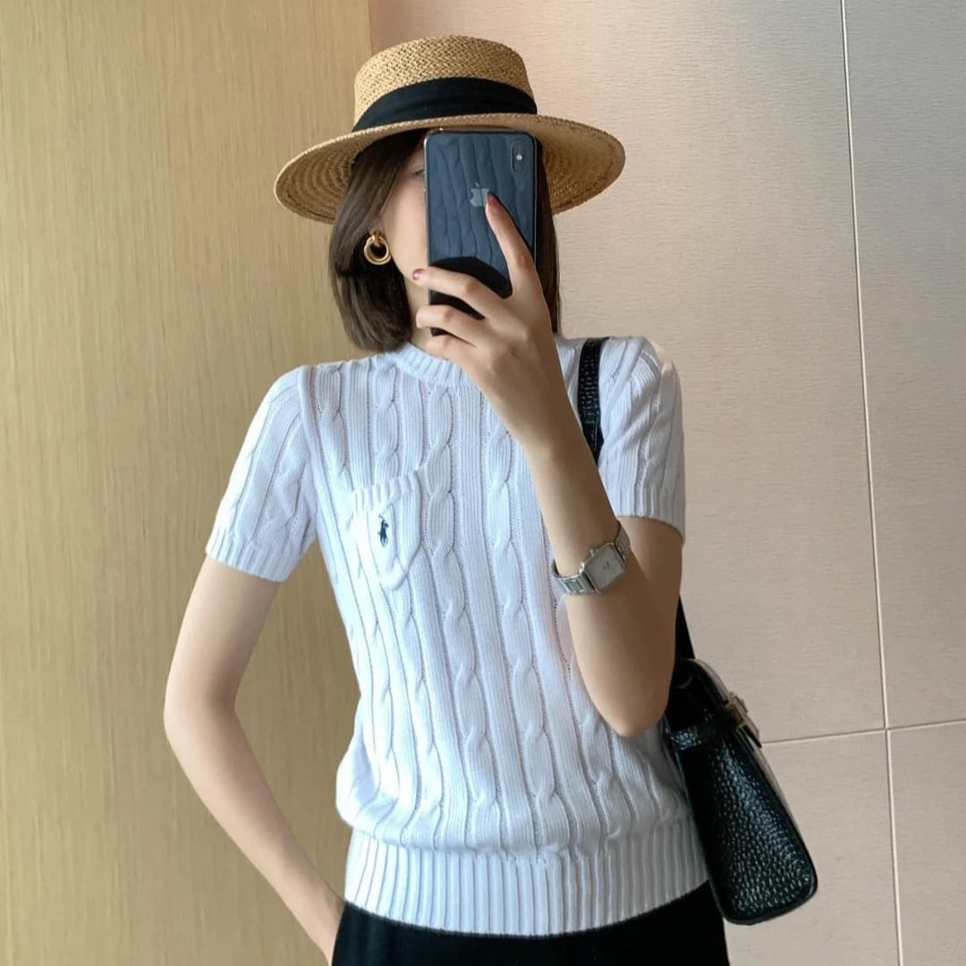 Cross-border 26ss Trendy Brand Ralph Classic Embroidered Women's Cable Knit Round Neck Pocket Polo Short Sleeve T-Shirt Top