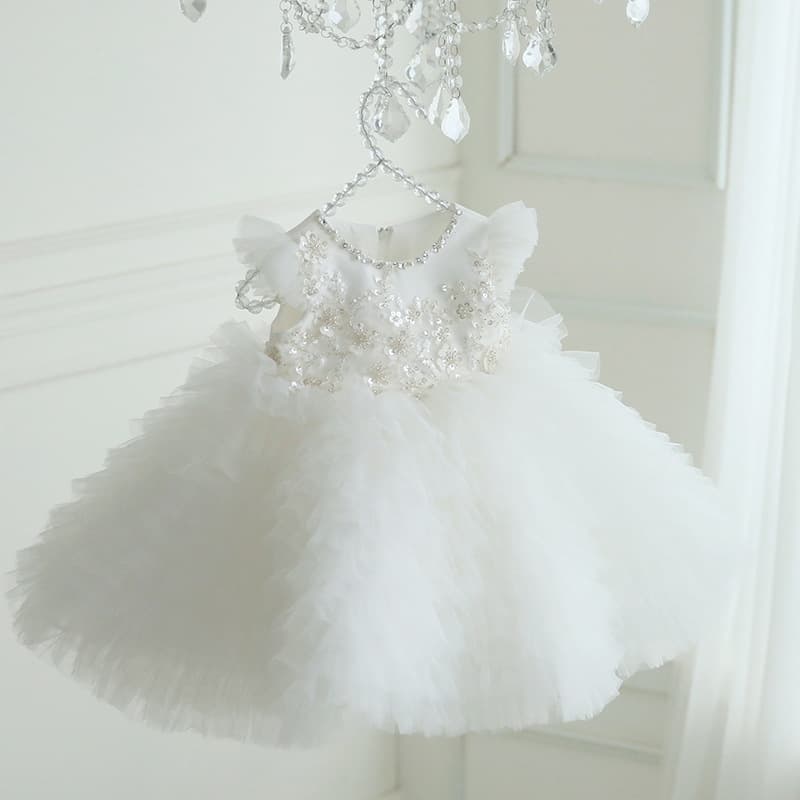 Girls' Princess Tulle Dress White Wedding Gown for Toddler Flower Girl Birthday Party High-End