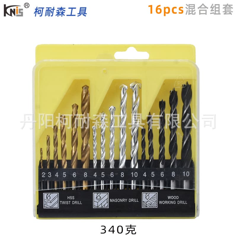 16-Piece Mixed Drill Bit Set, Titanium-Coated Twist Drill, Construction Drill, Three-Point Woodworking Drill, Metal and Cement Drilling Drill