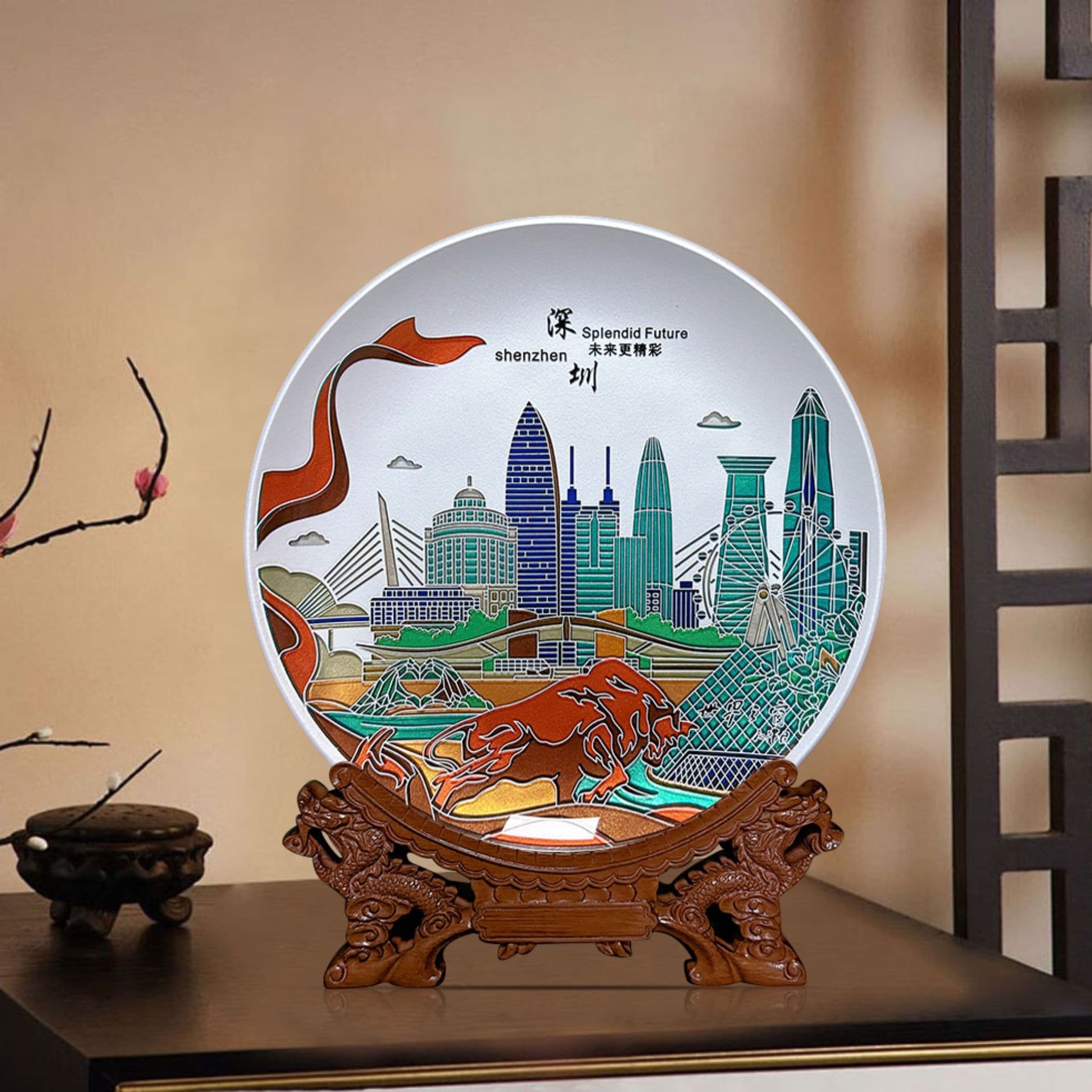 Baifu Ten-Year-Old Shop Crafted Shenzhen Cityscape Featured Scenic Spots Glass Commemorative Plate, High-End Crystal Carving Gift Plate