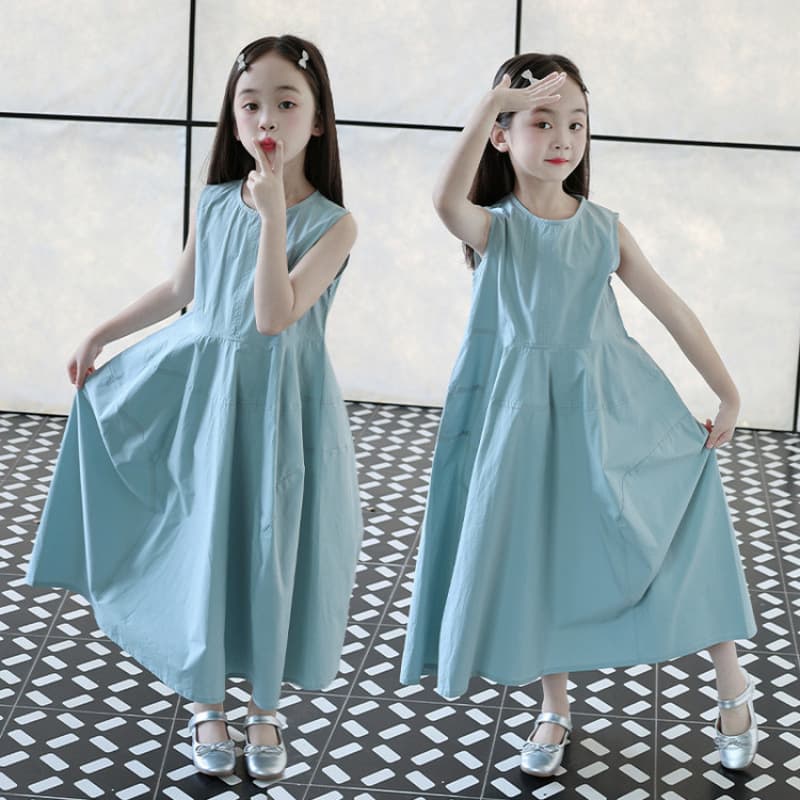 Girls' Sleeveless Dress Summer 2026 New Stylish Mid-Large Child Solid Color Patchwork Cotton Dress for Little Girls