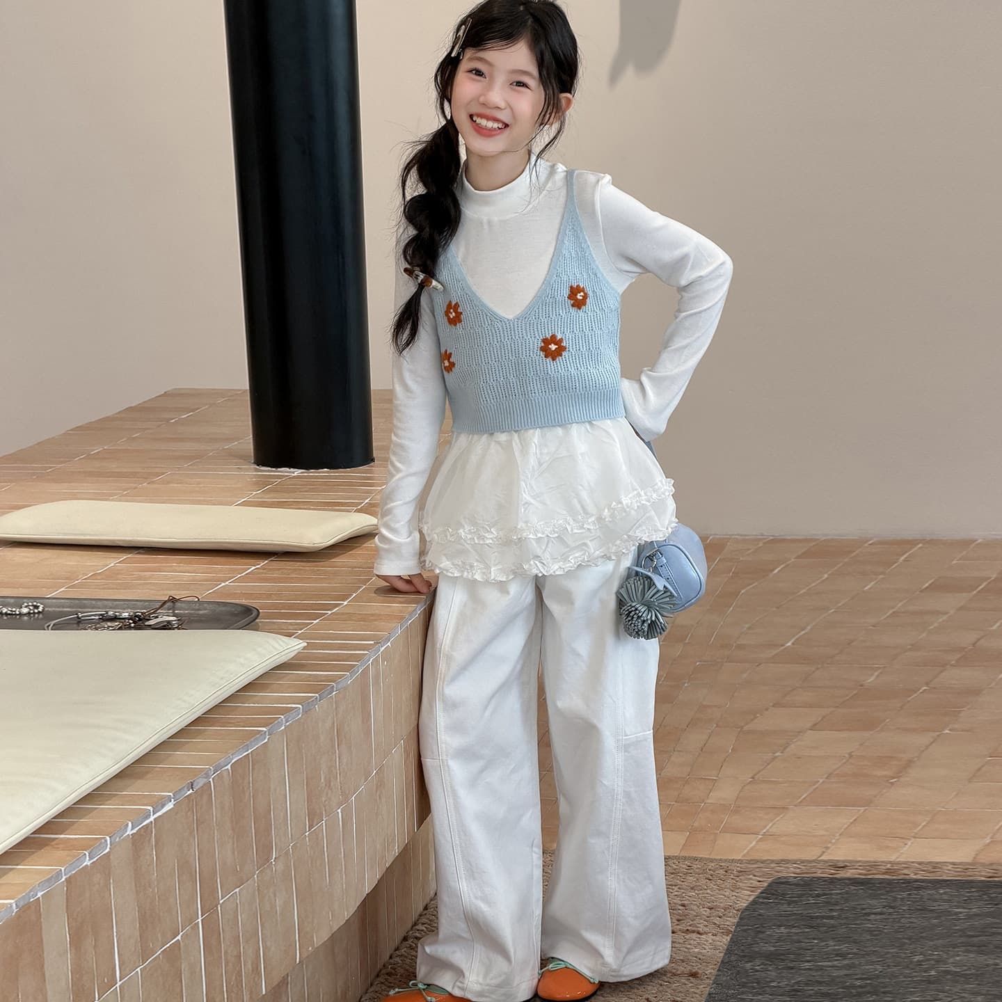 Korean Style Girls Sweet Outfit Set 2026 Autumn New Children's Fall Clothing Base Shirt Sweater Vest Pants 3-Piece Set