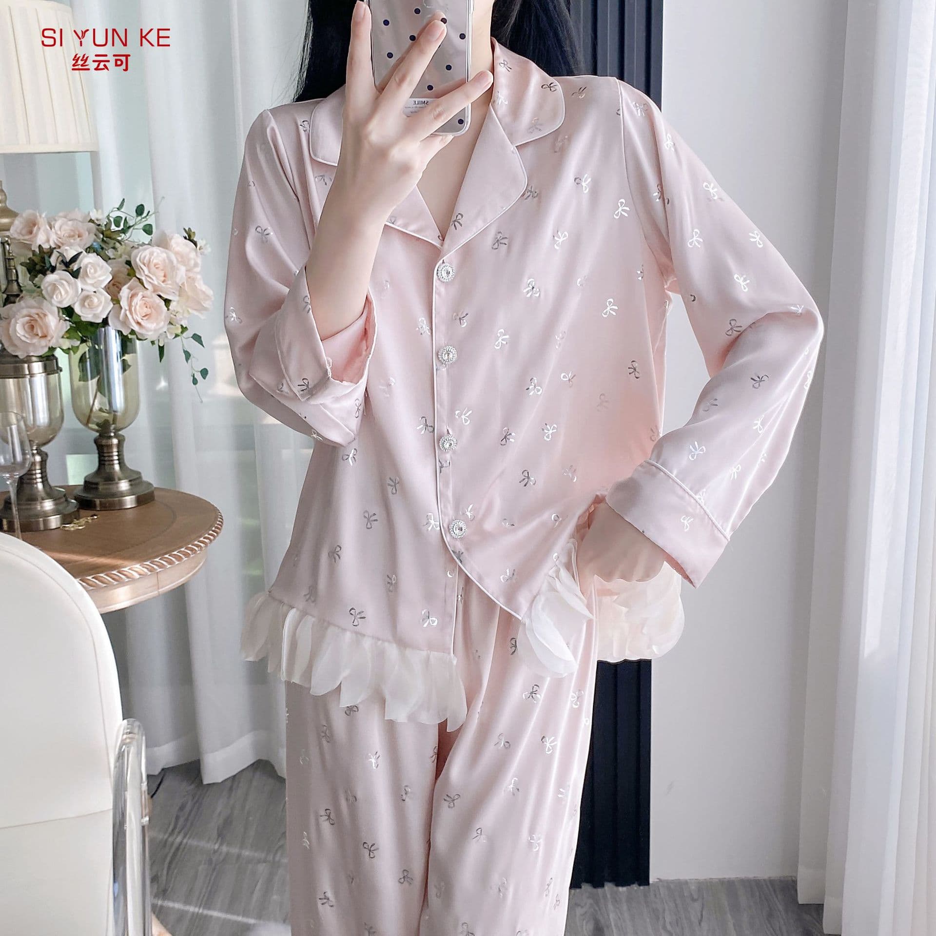 French Style Ice Silk Sleepwear Silver Heat Transfer Print Princess Style Home Clothes for Women Outdoor Wearable Nightgown
