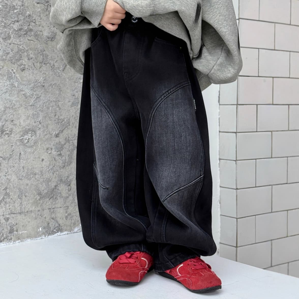 Children's Jeans Curved Leg Pants Winter Fleece-Lined Thick Long Pants for Boys Older Kids American Retro Straight Leg Stylish