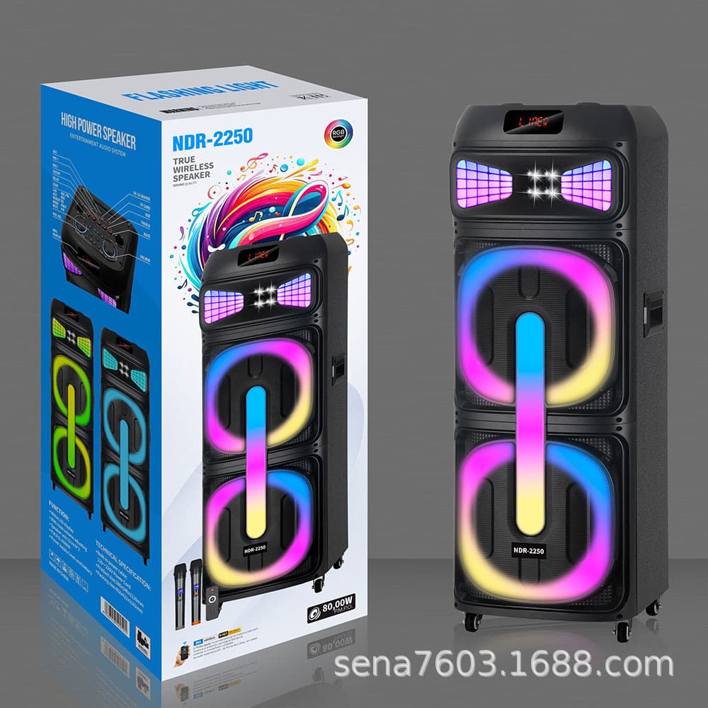 NDR-2250 Bluetooth Speaker 12-inch Dual Speakers Wireless Microphone RGB Color Lights Portable Card-Insert Audio for Square Dancing