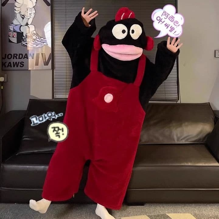 Cross-border customizable plush Big Mouth Monster pajamas for adults and children, coral fleece homewear, winter quirky abstract funny style