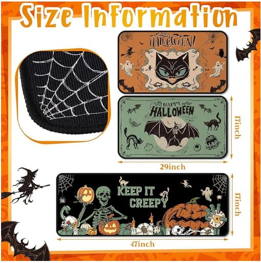 Gothic Halloween Decorative Kitchen Combo Floor Mat 3-Piece Set Skeleton Ghost Corridor Entrance Easy-to-Clean Doormat