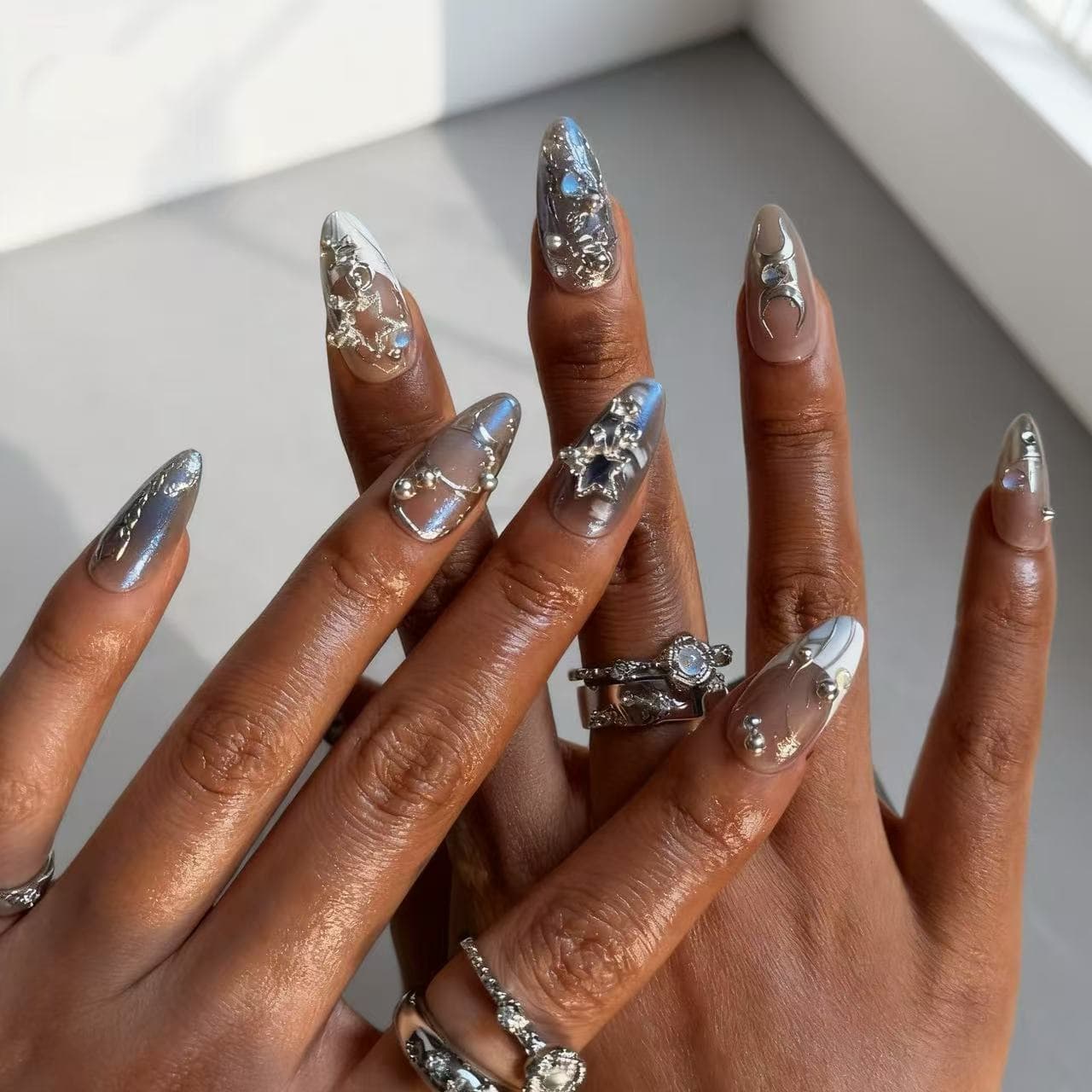 3D Star French Sparkle Silver Press-On Nails Autumn Winter Almond Nails Fake Nails Wearable