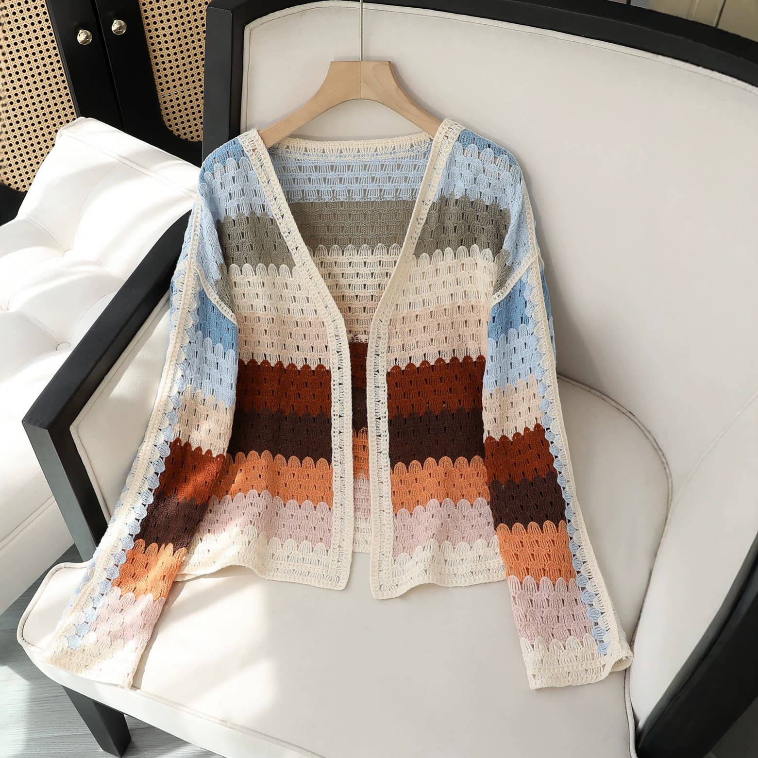 Korean-style soft color-block striped knit cardigan for women, loose V-neck hollow-out crochet jacket, lazy-style top