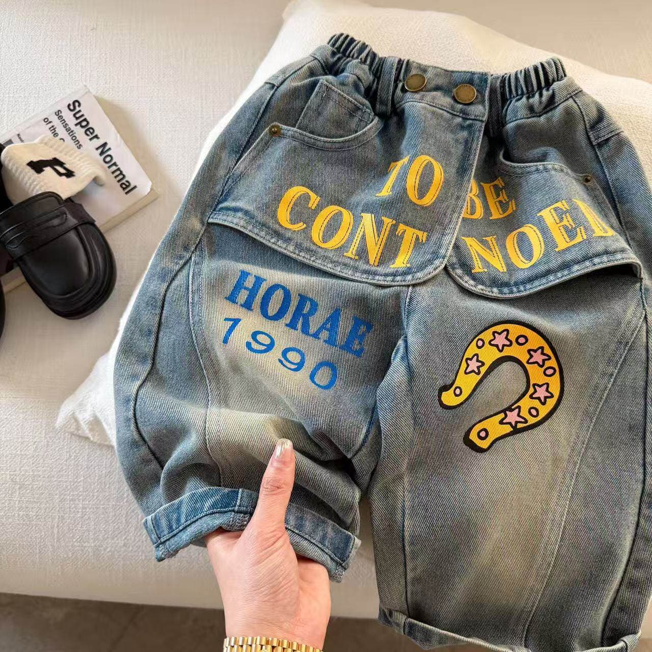 Kids' Pants 26 Spring/Summer New Style American Print Jeans for Boys and Girls, Trendy Streetwear Casual Straight-Leg Pants