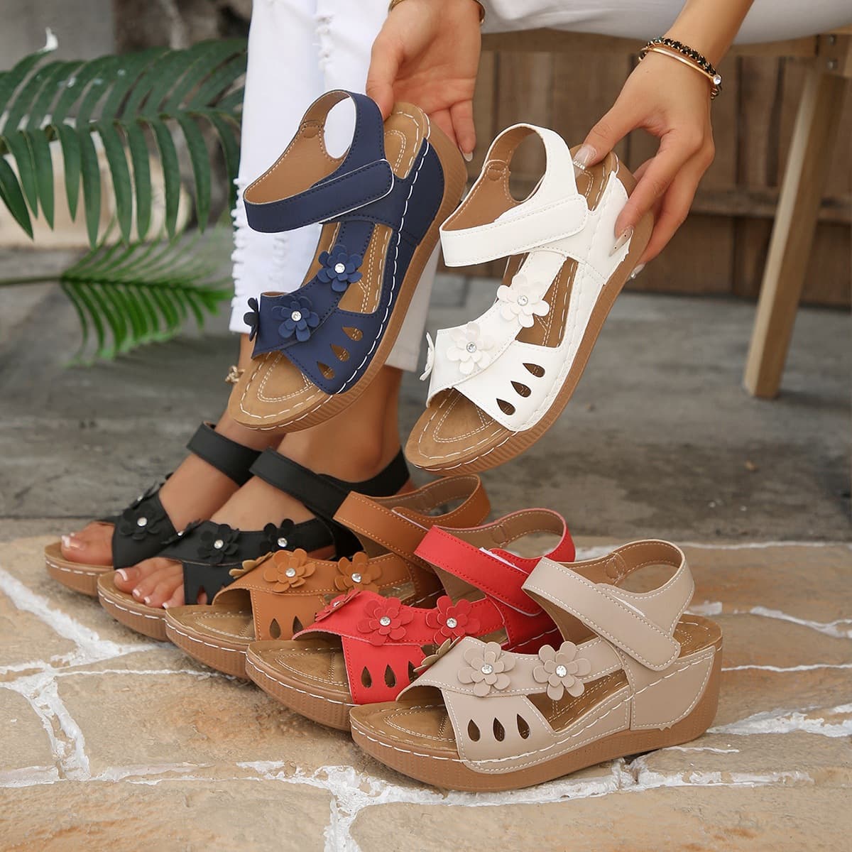 Plus Size Sandals 2026 Summer Wedge Heel Flower Decoration Thick Sole Velcro Open Toe Beach Shoes Thick Sole Wedge Sandals