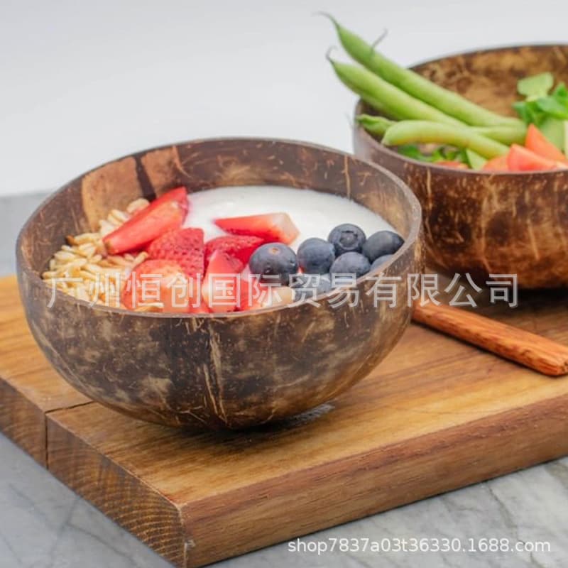 Natural Coconut Shell Wood Bowl, Japanese Vintage Unpainted Kids Wooden Bowl, Handmade Fruit Plate Tea Set Snack Storage