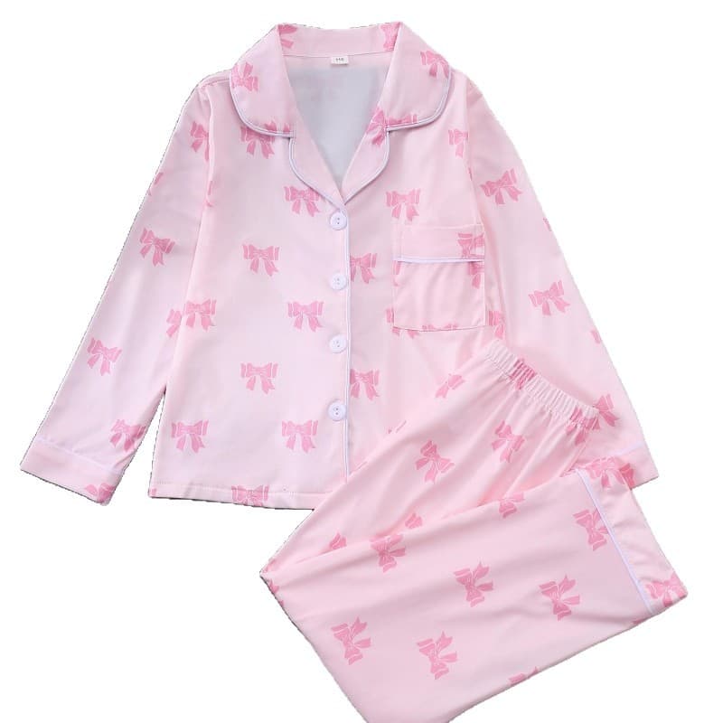 [Europe/US Cross-Border] Long-Sleeve Top and Pants Girls' Homewear, Bowknot Kids' Pajamas, Export-Oriented Source Factory