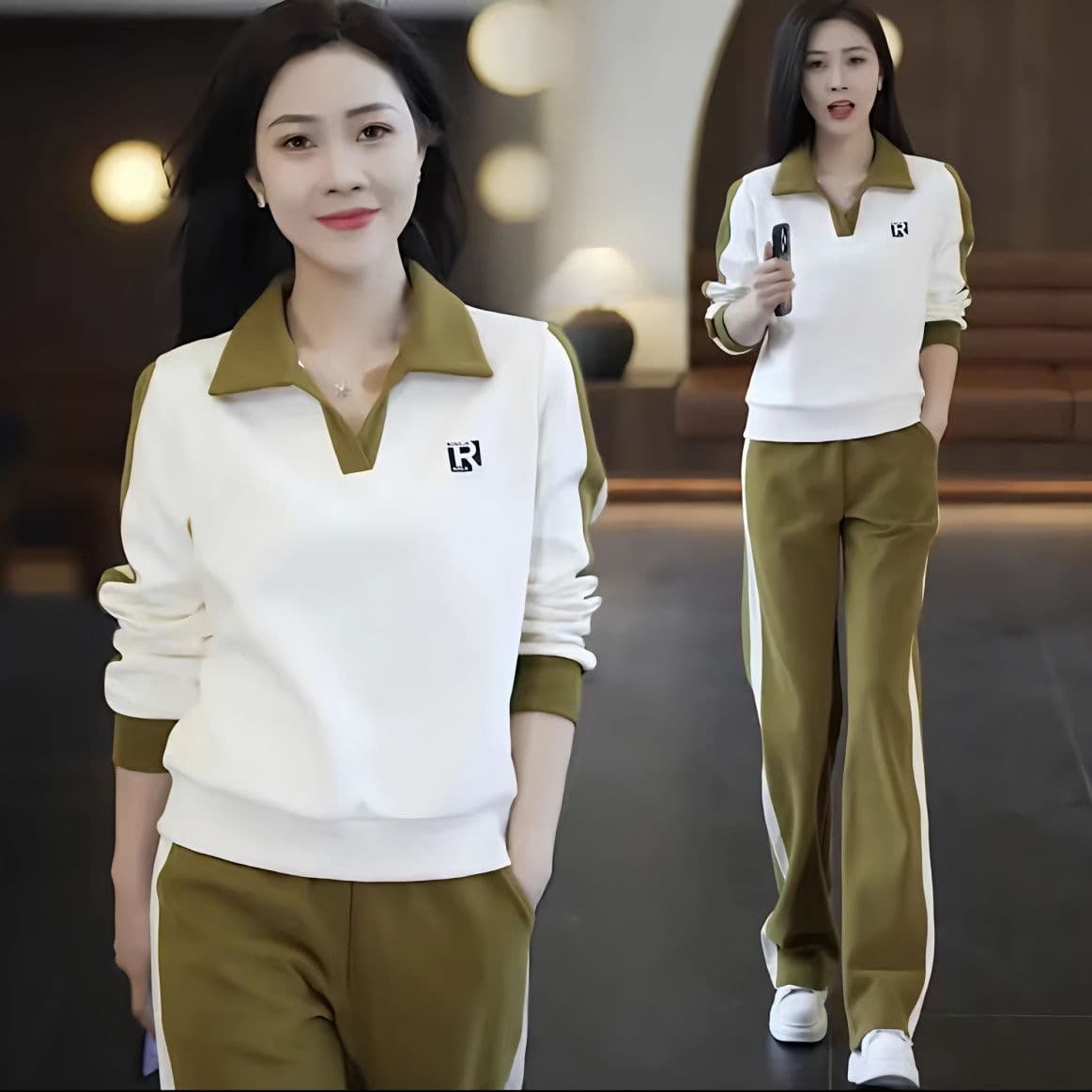 Casual Sportswear Set Women 2026 Spring/Fall New Arrival Slimming Stylish Simple Polo Neck Hoodie + Sweatpants Two-Piece Set