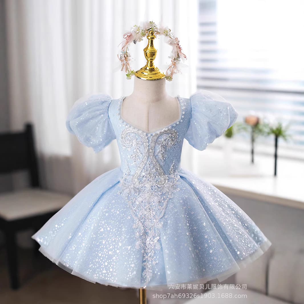 Light Blue Children's First Birthday Dress French Bubble Sleeve Princess Gown for Girls Birthday Party Piano Performance Recital Dress