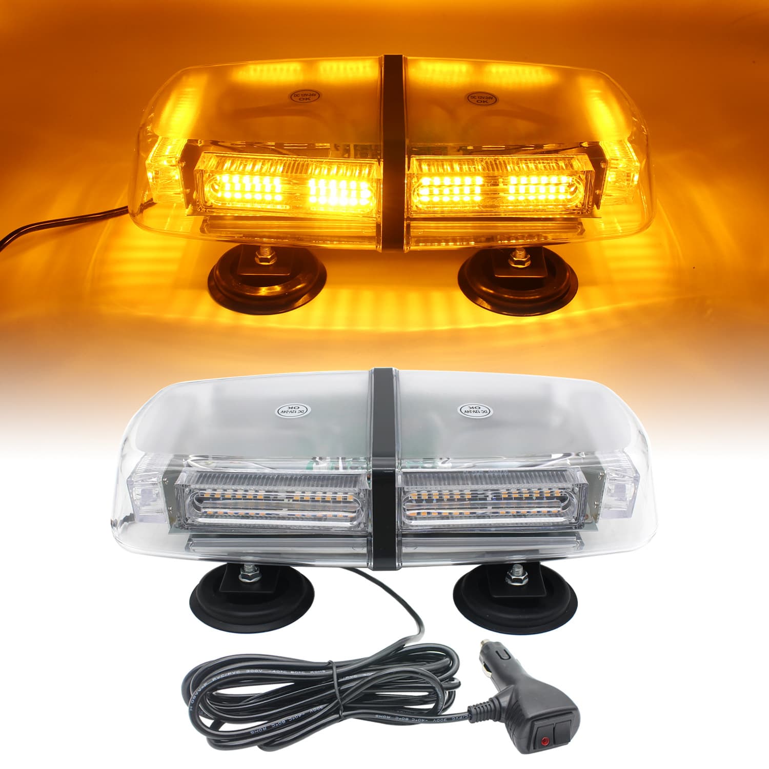 72LED Rotating Flash Strobe Light Emergency Warning Light Amber Suction Mount Mini Light Bar Strong Magnet 12-24V