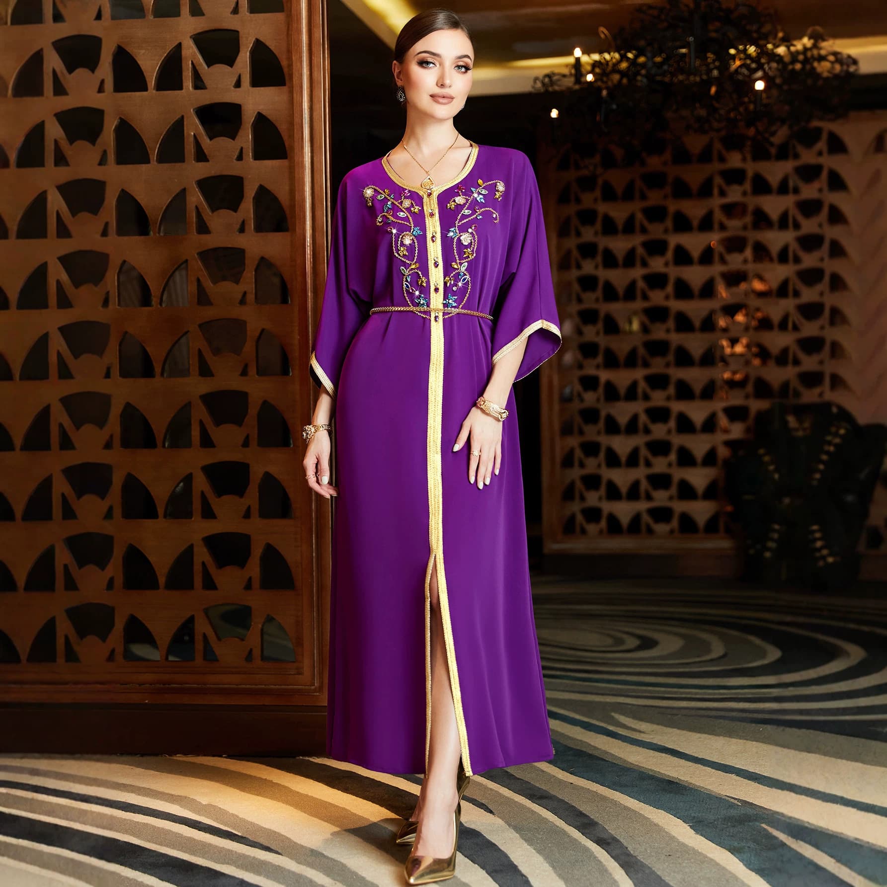 BA3004 purple half-sleeved dress with hand-stitched batwing sleeves and front slit long skirt