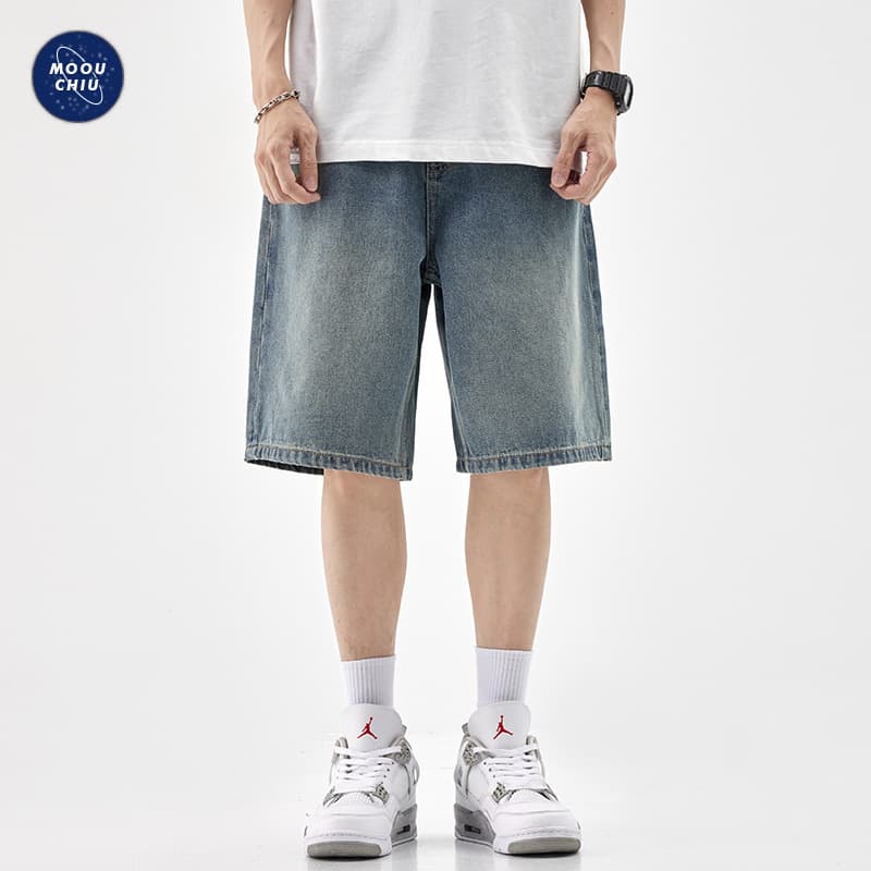 Muqiu Men's Clothing∣Denim Shorts for Men American Streetwear Plus Size Loose Straight Leg Vintage Washed Versatile Five-Point Shorts