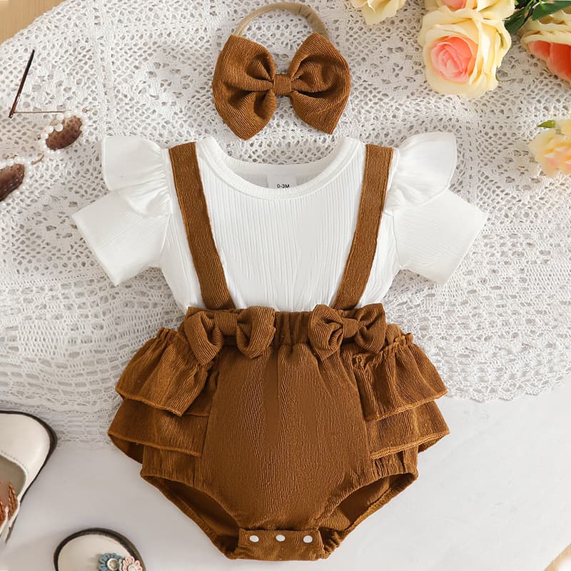 2026 New Children's Outfit Cute Baby Short-Sleeve Romper with Headband Bow Children's Clothing Two-Tone Children's Wear