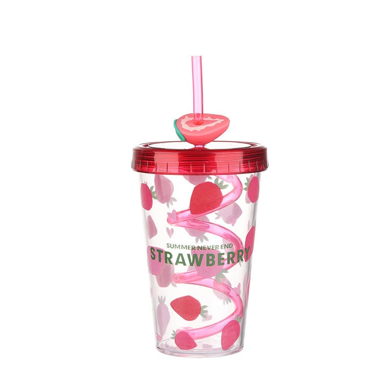 Printed double-layered student straw cup with lid, high-looking portable double-layered plastic cup, large-capacity double-layered cup for women