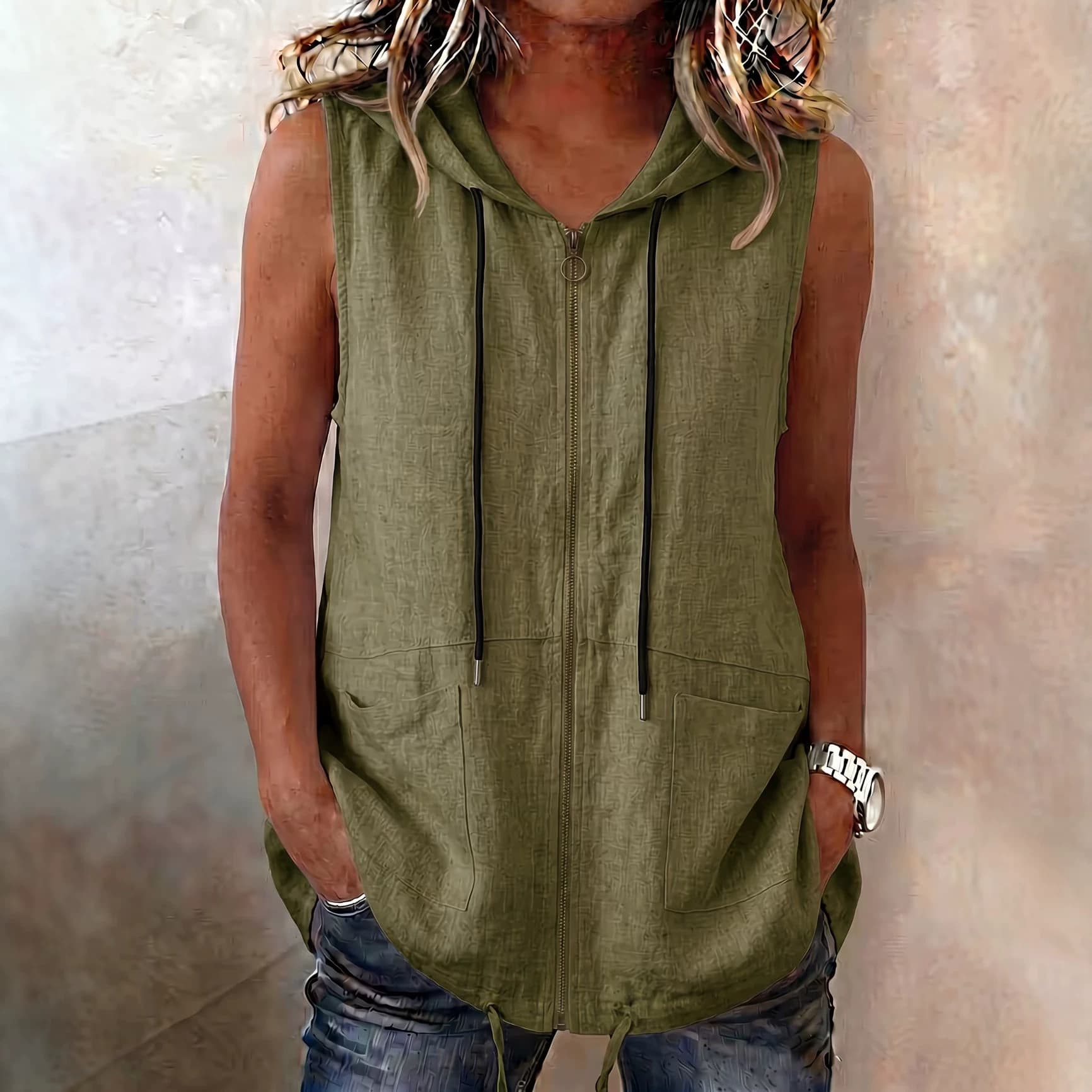 European and American Cross-Border Amazon Foreign Trade Women's Clothing Summer New Retro Hooded Vest Drawstring Cotton and Linen Vest