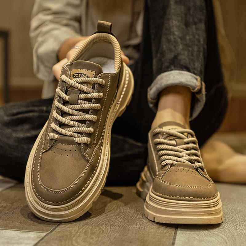 Men's Low-Top Casual Work Boots Retro Leather Shoes Sport Flat Shoes Versatile Autumn Season Round Toe Rubber Outsole