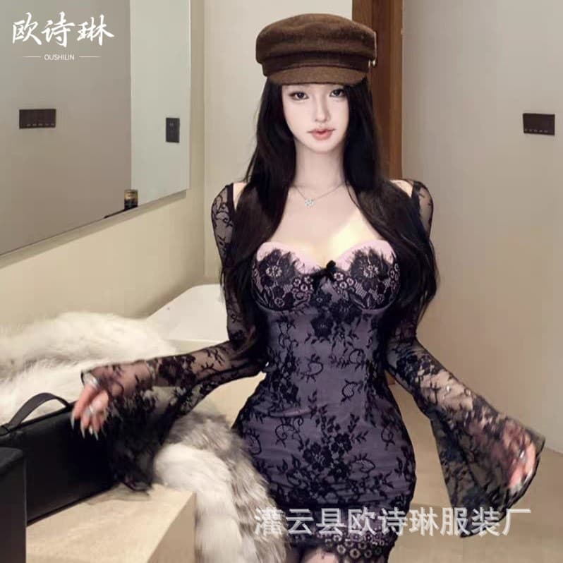 Oushilin New Trendy Pure Desire Hot Girl Lace Slim Fit Bodycon Short Top