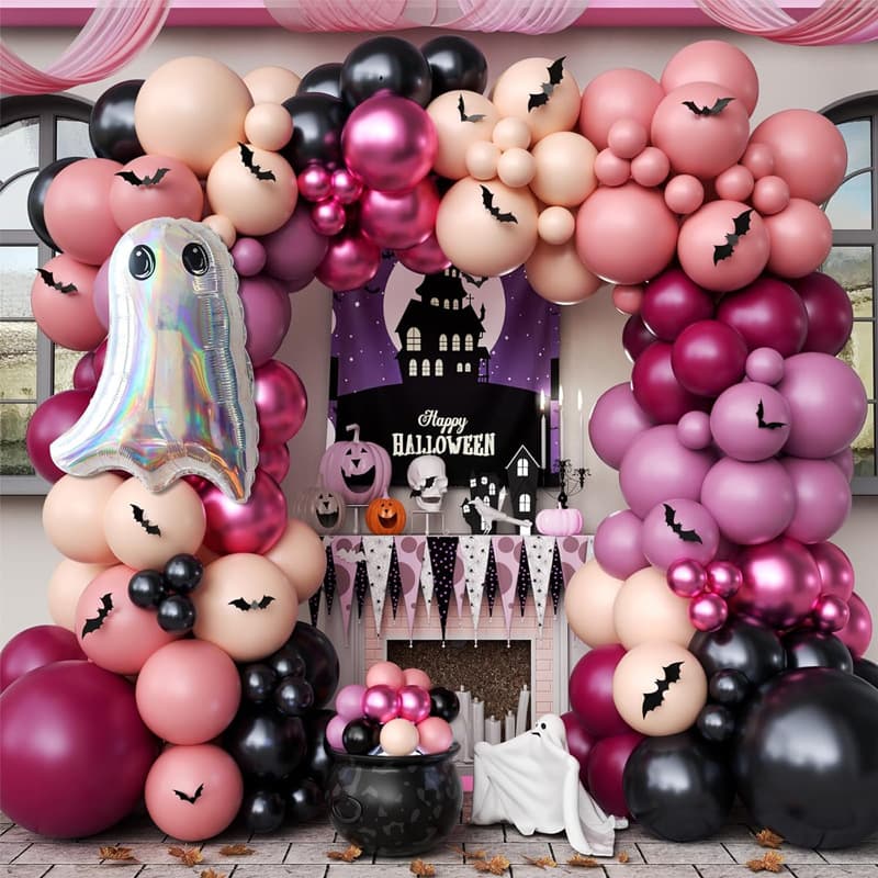 Black Pink Purple Ghost Halloween Balloon Set Haunted House Bat Theme Background Wall Decoration Balloon Garland Set
