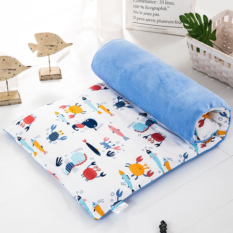 All-cotton cartoon kindergarten mattress cover 60x150x70x80cm, winter infant bedding set with one side cotton and one side fleece