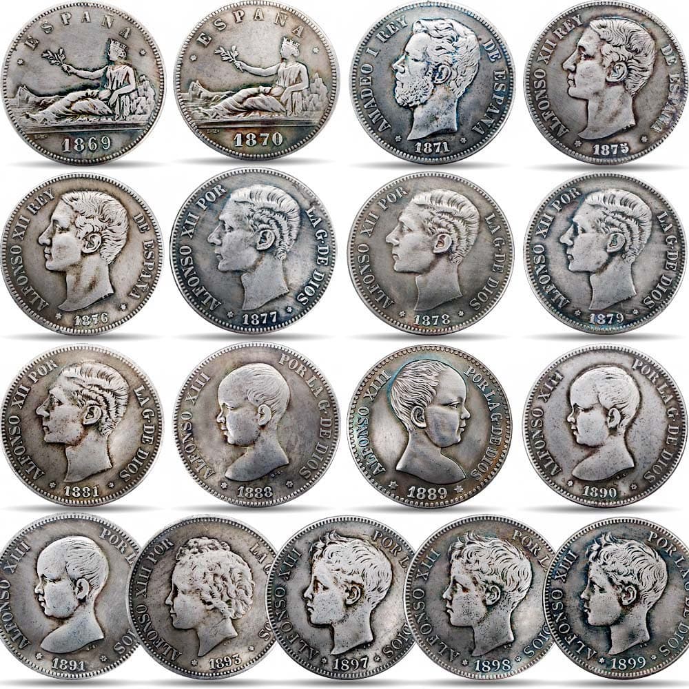 Wholesale Foreign Silver Coins 38mm Spanish Alfonso Double Pillar Coin Spanish 5 Peseta Antique Silver Coin