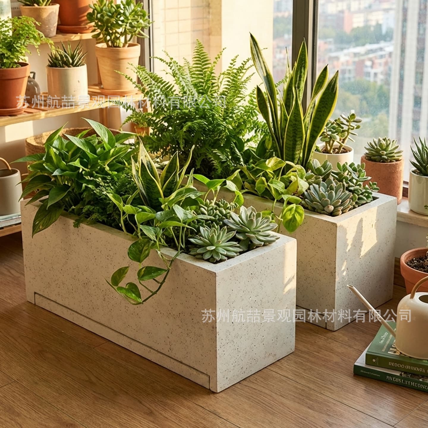 Rectangular Cement Planter with Stone Paint Finish, Water Catchment Tray, Planting Box for Balcony, Patio, and Garden, Cement Flower Pot with Saucer