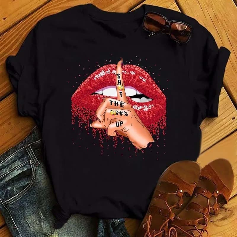Women Summer Short Sleeve Tshirts Fashion Red Lips Finger Print