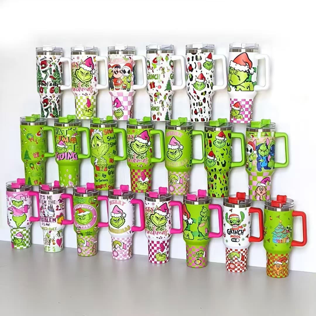 40oz Car Cup New Christmas Cup Grinch Green Hair 3D Printing 40oz Ice Cup 304 Thermos Cup