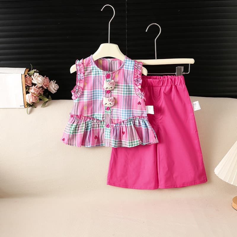 Girls Summer New Plaid Vest Set, Sweet and Stylish Korean Style Sleeveless Wide Shoulder Wide Leg Pants Two-Piece Set