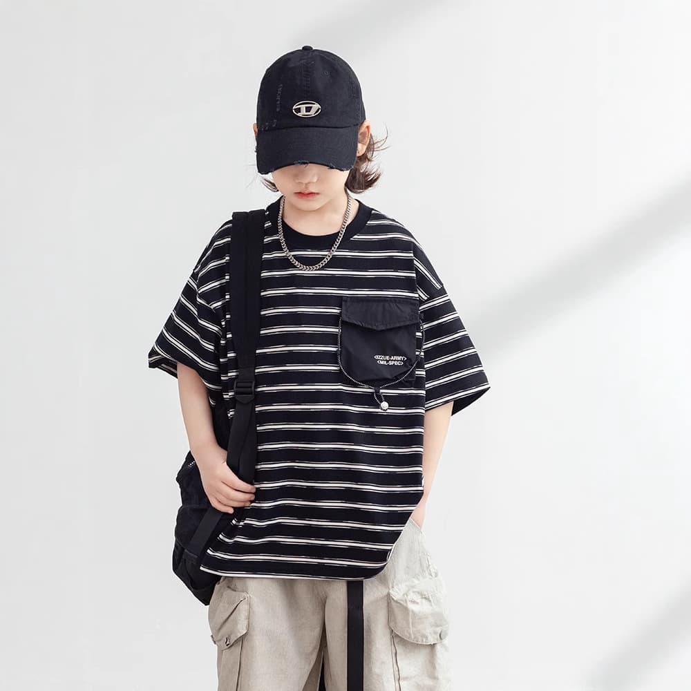 Boys Striped Short Sleeve T-Shirt Summer 2026 New Children's Summer Top for Older Boys Trendy Tee