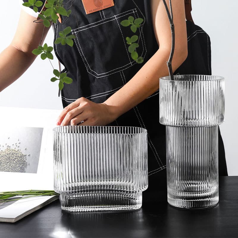 Vertical striped smoky gray creative wide-mouth straight tube designer thick-bottomed vase home decoration transparent glass vase