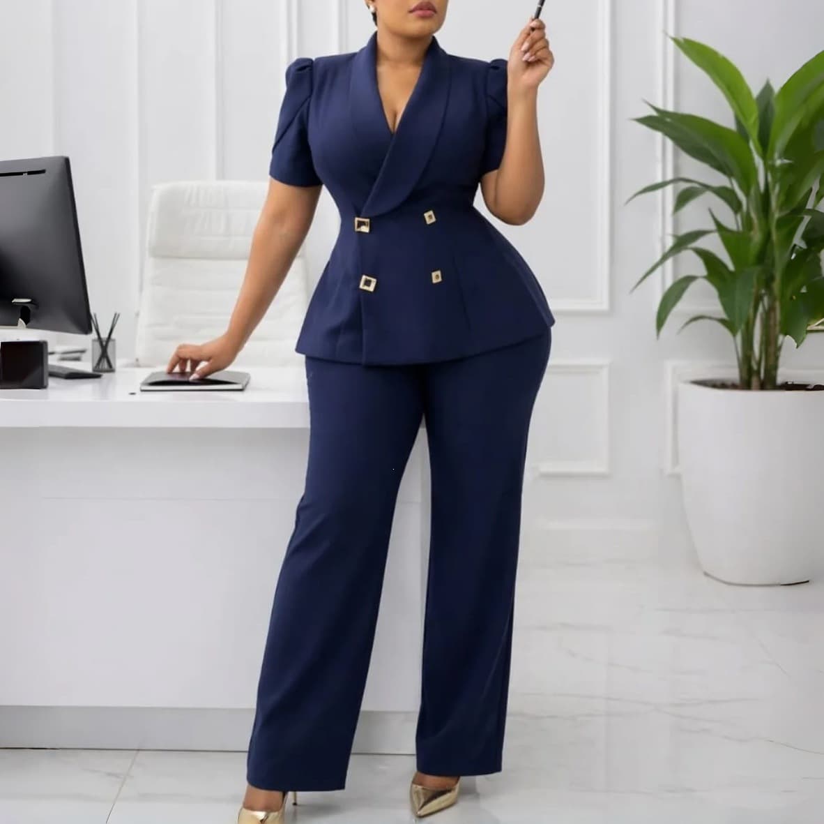D634 Export Europe/US Cross-border 2026 New Short-Sleeve Notch Lapel Double-Breasted Top High-Waist Wide-Leg Pants Outfit Set