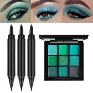 9-Color Peacock Green Eyeshadow Palette + Dual-Ended Eyeliner Trident Eyebrow Pencil Set Shimmer Matte Blue-Green Eye Makeup