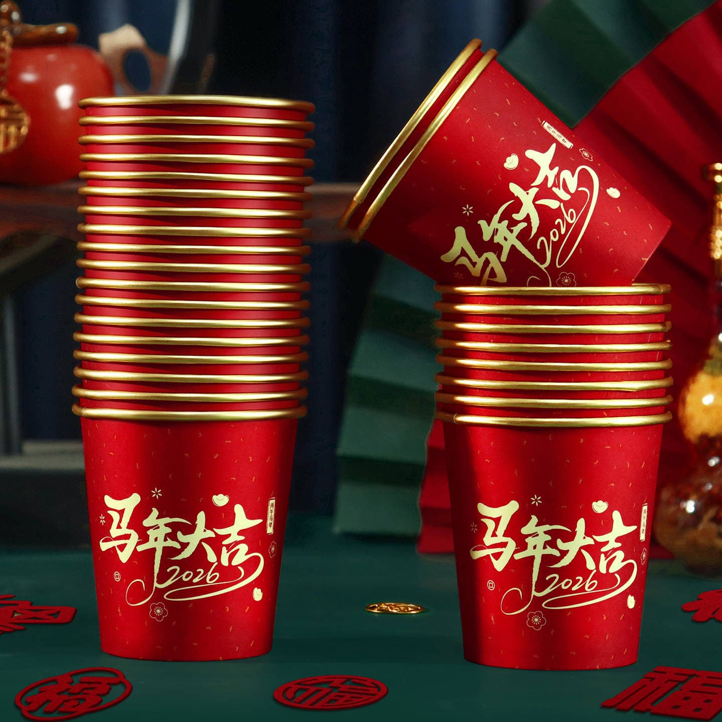 2026 Year of the Horse Gold Foil Paper Cups Disposable Thick Festive Red Spring Festival Household New Year Celebration