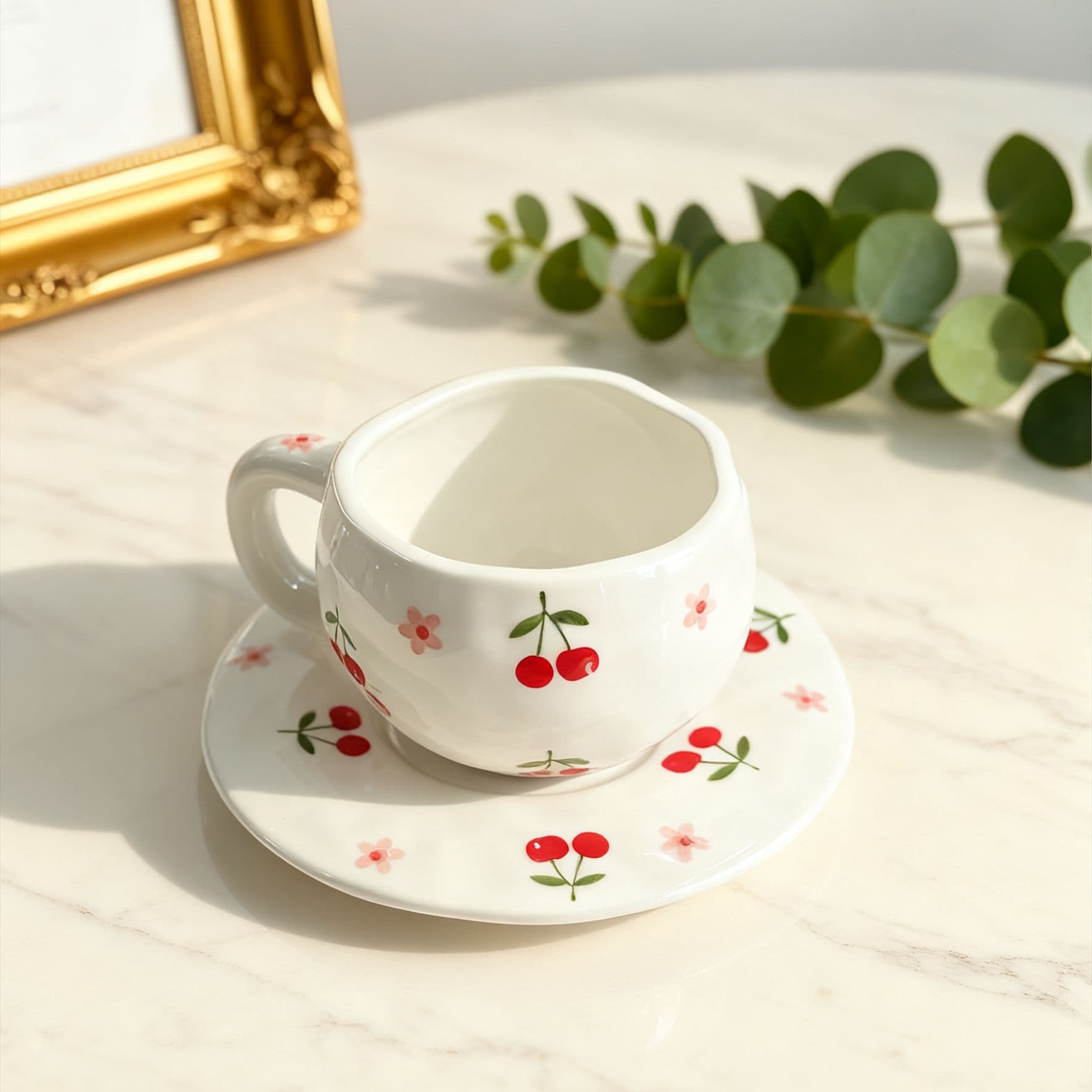 Japanese Handcrafted Cherry Blossom Ceramic Coffee Cup and Saucer Set for Afternoon Tea Latte Art