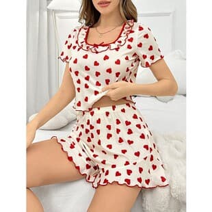 2026 New Amazon European and American Style Women's Pajama Set with Ruffle Heart Print, Sweet Square Neck Loungewear
