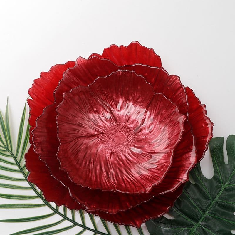 Flower-shaped crystal fruit plate, home-use light luxury snack tray, simple dessert plate, red-themed high-value pearl disc.