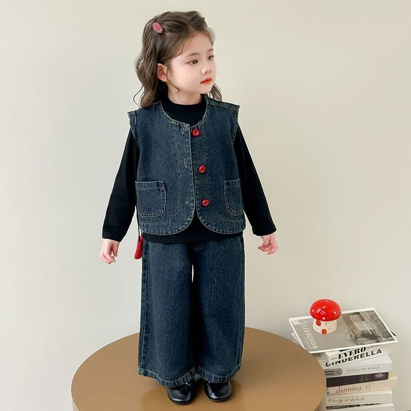 Girls' Fall Outfit New Stylish Trendy Children's Denim Vest Pants Korean Style Autumn 3-Piece Set Fashionable