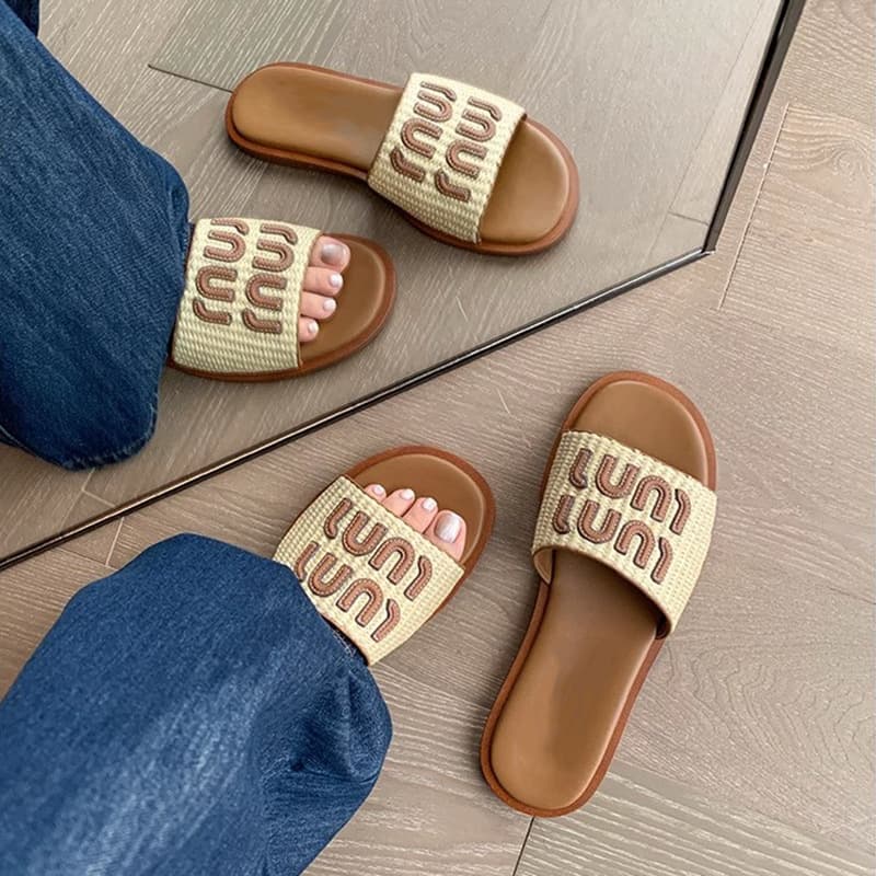 Women's Round-Toe Flat Slide Sandals 2024 Summer New Vacation Woven Flat Beach Sandals Plus Size Casual Outdoor Slippers